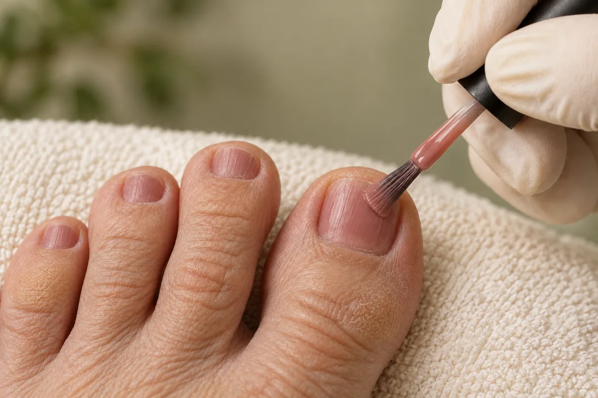 Illustratief detail van het lakken van korte teennagels bij een voet met natuurlijke huidstructuur